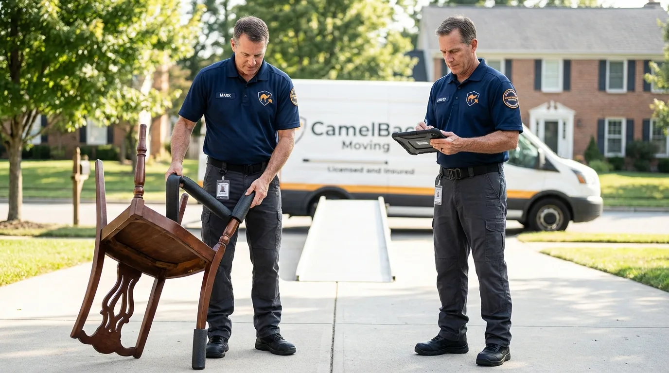 Movers inspecting furniture for damage prevention before loading in Gray, GA
