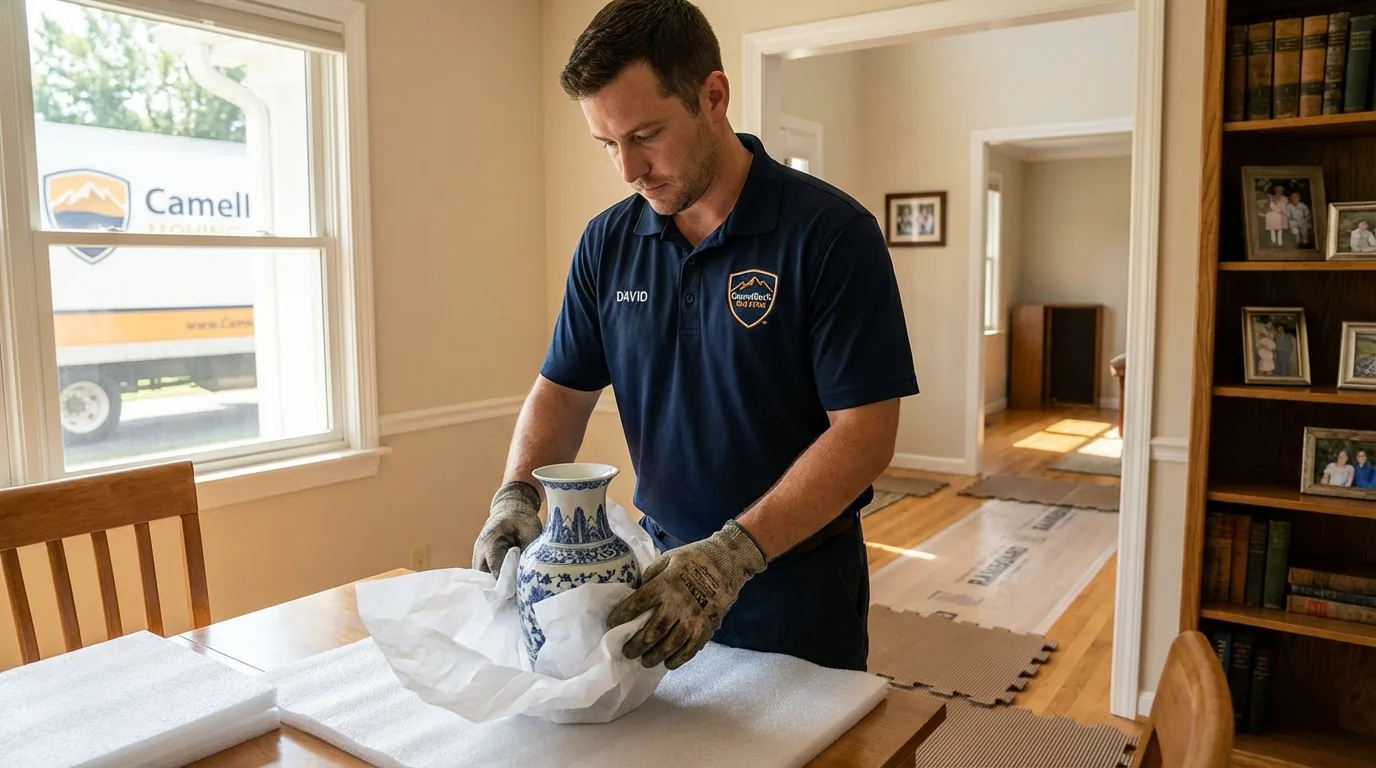 Professional crew carefully wrapping antique vase for senior downsizing move in Gray, GA
